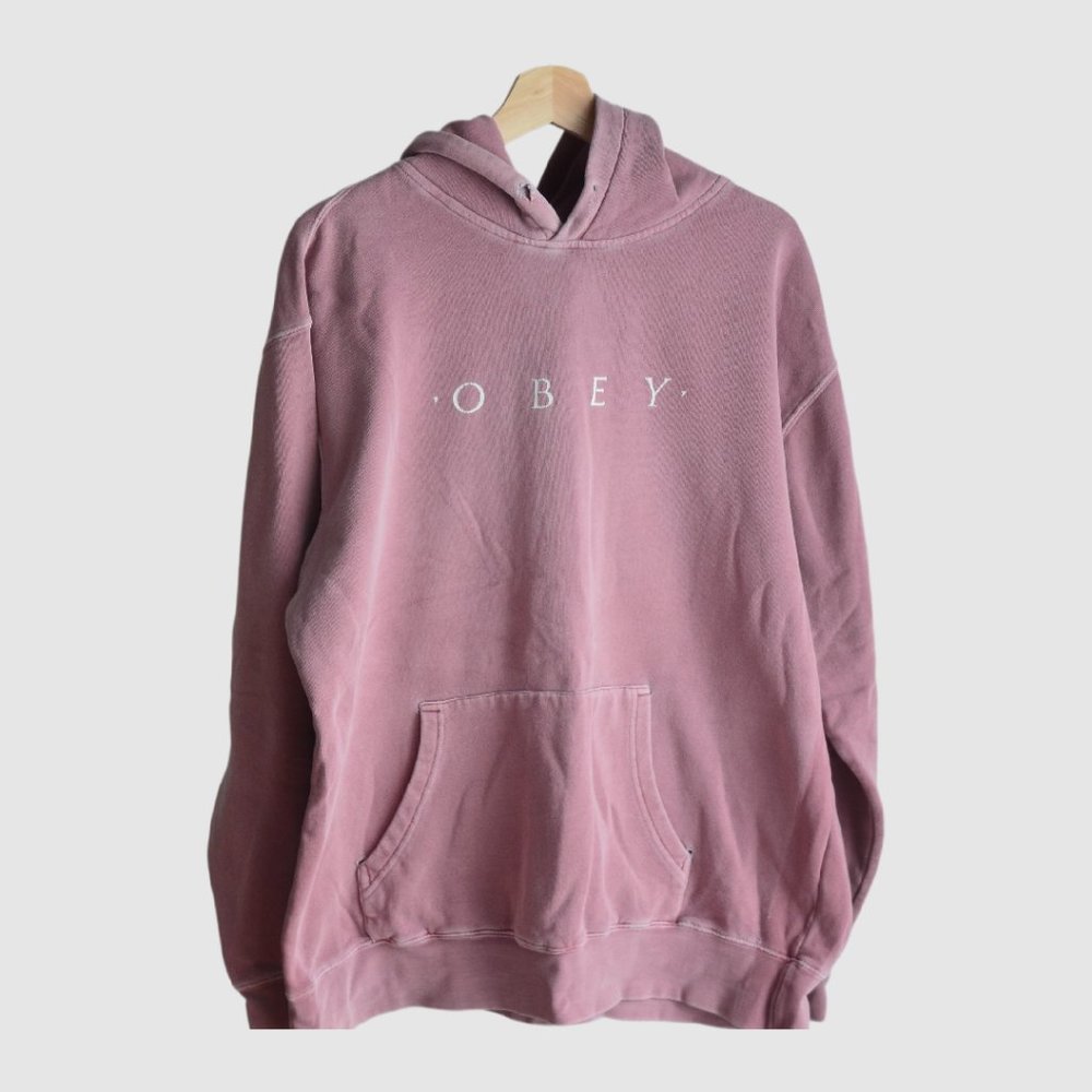 Pink Obey Hoodie – Size L, Worn-In Style, Distressed with Missing Drawstring